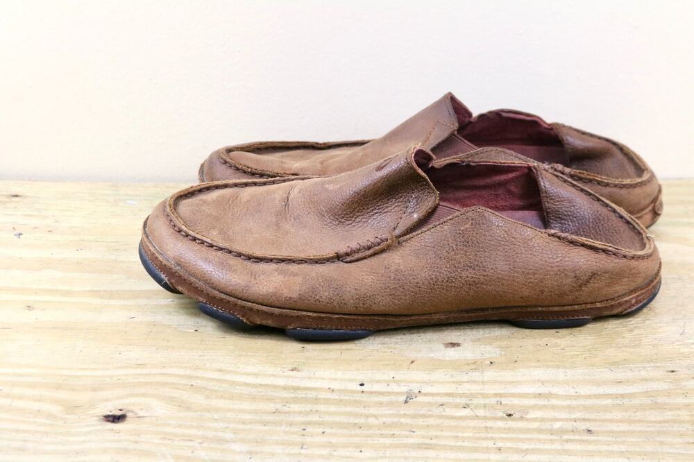 Olukai Mens 11.5 Brown Distressed Leather Moloa Slipper Slip On Loafers Shoes